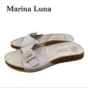 Marina Luna Women's Blue Suede Leather Slip On Jewelled Slide Sandals 10